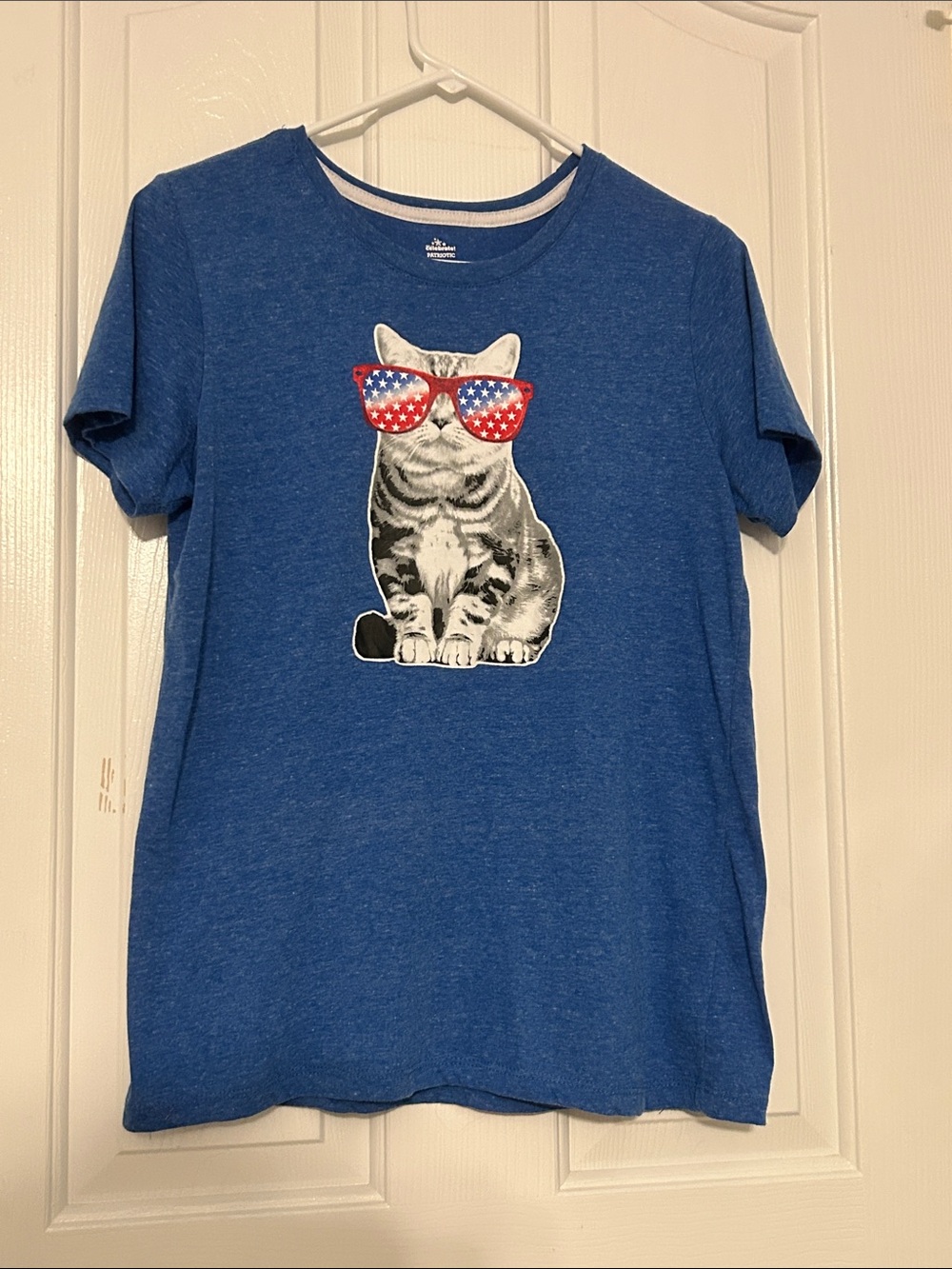 Kids Blue Cat Graphic Tee with Star-Spangled Sunglasses Medium